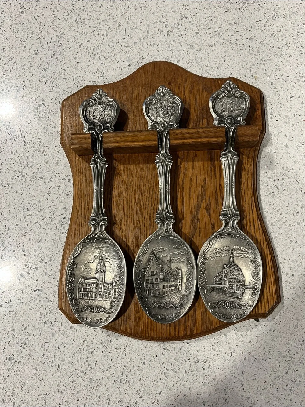 Decorative Pewter Collectible Spoon Set on Wooden Plaque - Silver